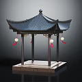 Chinese Traditional Pavilion With Black Curved Roof Hanging Red Tassel Lanterns And Stone Base