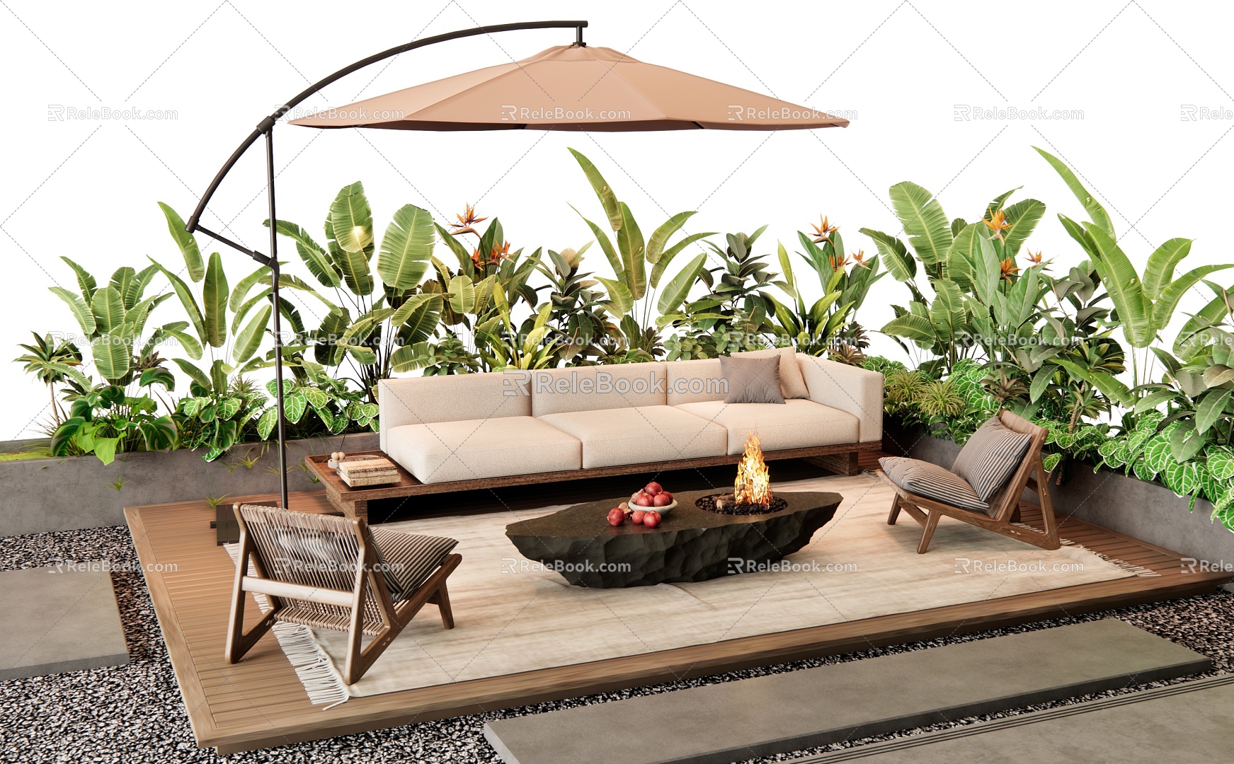 Courtyard Outdoor Sofa Leisure Chair Stone Coffee Table Plant Combination Plant Flower Pond model