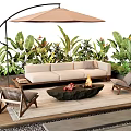 Outdoor Sofa with Umbrella Green Plants Fire Pit Coffee Table and Wooden Deck Chairs