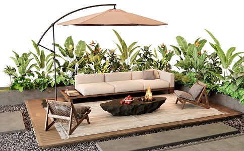 Courtyard Outdoor Sofa Leisure Chair Stone Coffee Table Plant Combination Plant Flower Pond 3d model