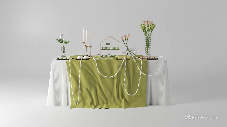 Tea Break Area With Green Tablecloth Pearl Chains Candles And Pink Flowers 3d model 