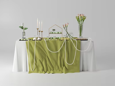 Tea Break Area With Green Tablecloth Pearl Chains Candles And Pink Flowers 3d model