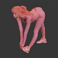 Woman in pink sportswear bending forward to stretch with ponytail and white sneakers