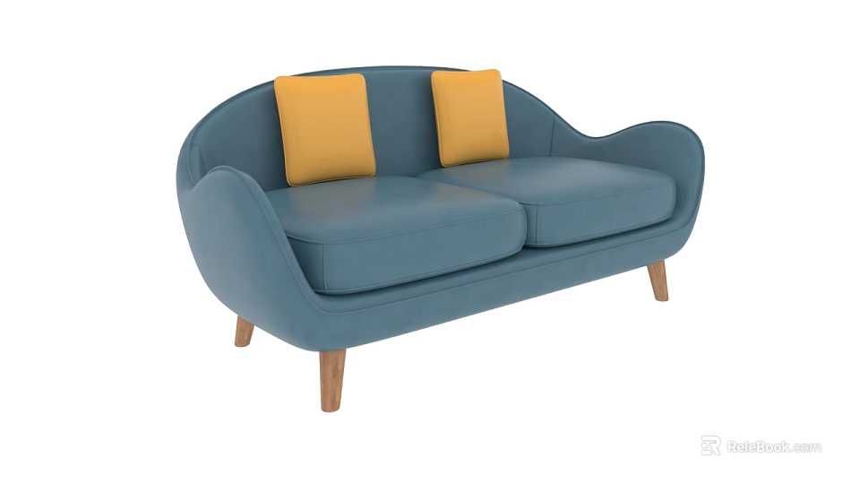 Modern Blue Two Seater Sofa With Yellow Cushions And Wooden Legs 3d model 