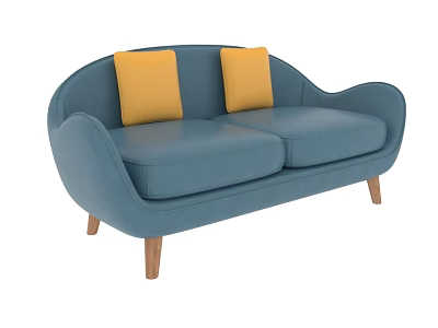 Modern Blue Two Seater Sofa With Yellow Cushions And Wooden Legs 3d model