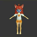 Anthropomorphic Fox Character With Orange Hair Green Eyes White Paw Print T-shirt And Orange Shorts