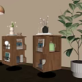 Cozy Living Room Interior With Wooden Side Tables Shelves Decorative Vases Books And Green Plant