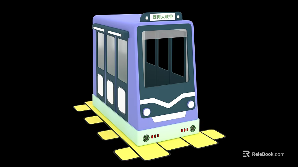 3D Model Purple Tram Design With Yellow Tracks On Black Background 3d model 