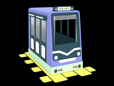 3D Model Purple Tram Design With Yellow Tracks On Black Background 3d model