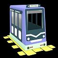 3D Model Purple Tram Design With Yellow Tracks On Black Background