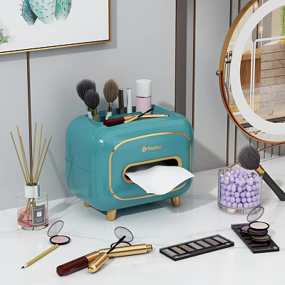 Turquoise Storage Box With Gold Trim For Tissue Makeup Brushes And Cosmetics On Vanity Table 3d model