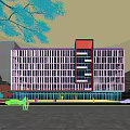 Modern Office Building White Exterior Red Vertical Accent Glass Curtain Wall Front Street Pedestrians Cars