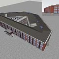 Large Red Brick Public Building Exterior With Multiple Windows And Dark Symmetrical Roof