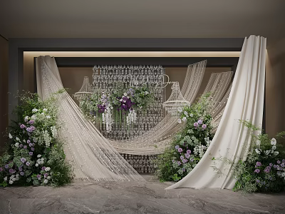 Elegant Wedding Floral Installation With White Drapes Purple White Flowers And Crystal Chandeliers 3d model