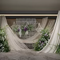 Elegant Wedding Floral Installation With White Drapes Purple White Flowers And Crystal Chandeliers