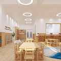 Bright Modern Kindergarten Classroom With Wooden Tables Chairs TV Clock Bookshelves Curtains And Toys