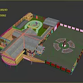 Traditional Wooden Architecture with Multiple Sloped Roofs Courtyard Lawn Pond And Circular Pattern Statue