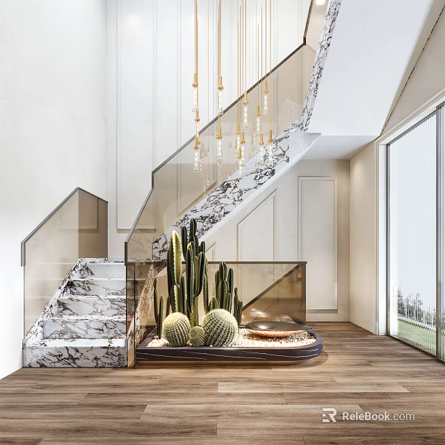 Modern Staircase Area With Marble Steps Glass Railing And Cactus Plants 3d model