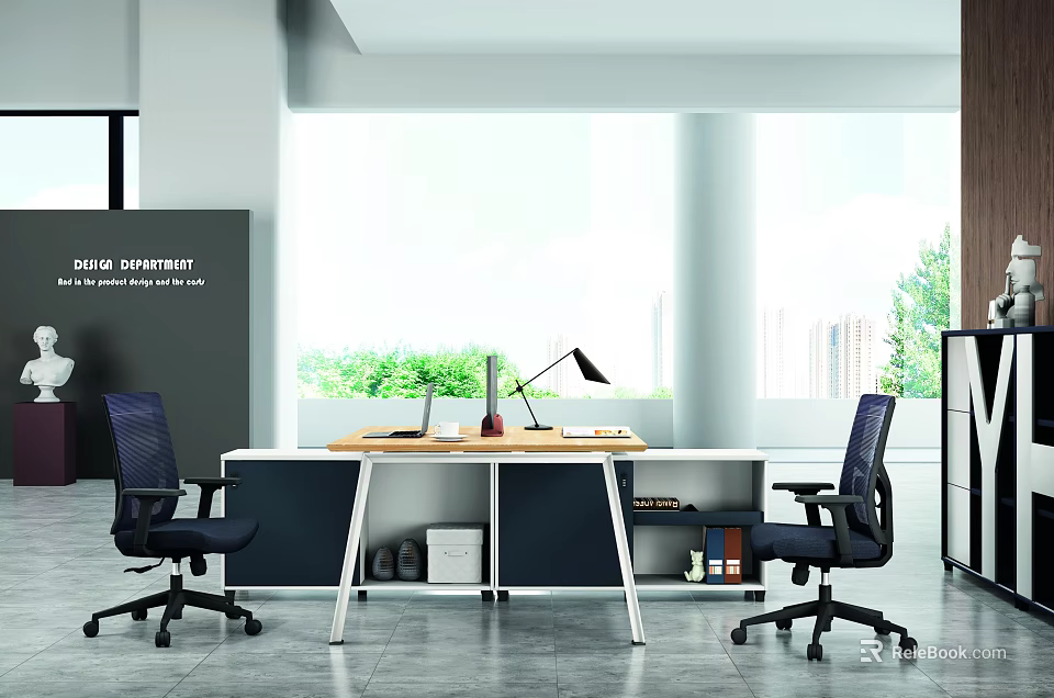 Modern Office Interior With Desk Laptop Lamp Black Chairs Bookshelf And Large Windows 3d model 