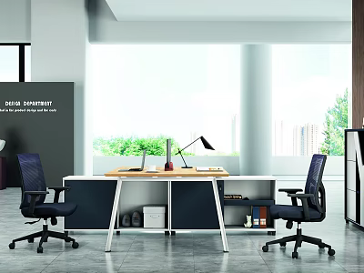 Modern Office Interior With Desk Laptop Lamp Black Chairs Bookshelf And Large Windows 3d model
