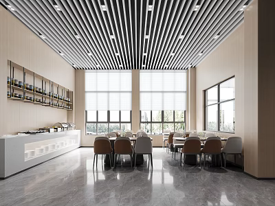 Modern Restaurant Featuring Slatted Ceiling Beige Walls Wine Racks Bar Counter Dining Tables And Chairs 3d model