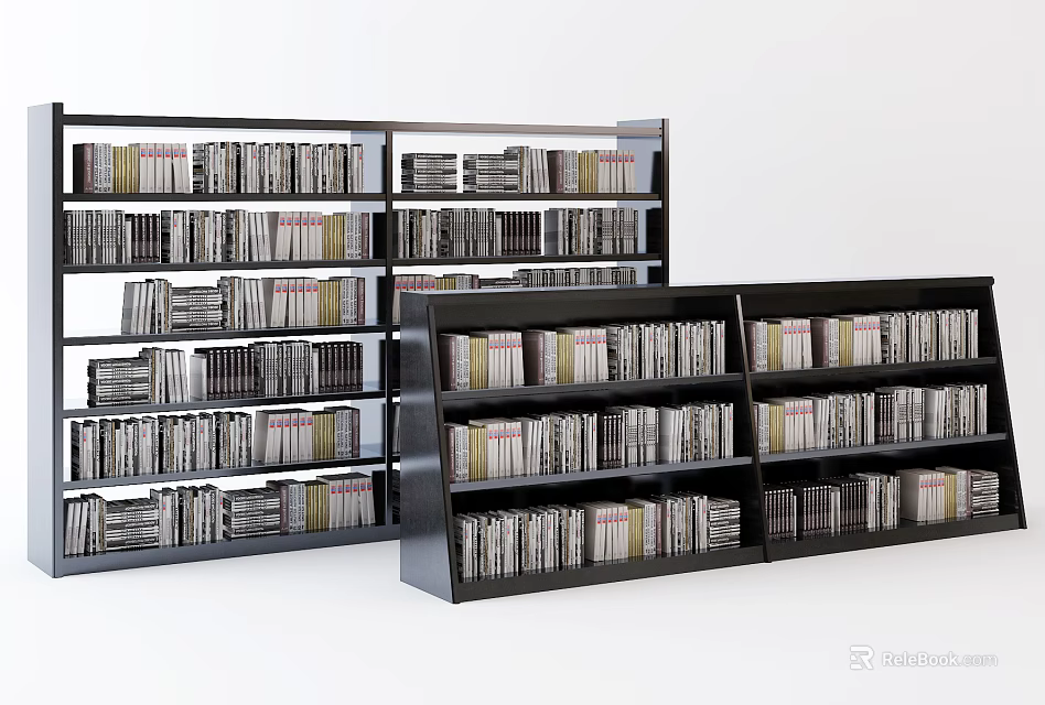 Black Bookcases Shelves Filled With Various Books In Organized Arrangement 3d model 