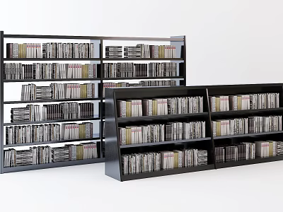 Black Bookcases Shelves Filled With Various Books In Organized Arrangement 3d model