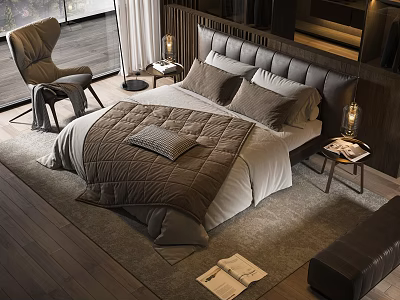 Elegant Modern Double Bed With Dark Headboard Cozy Bedding And Side Chair On Wooden Floor 3d model