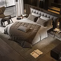 Elegant Modern Double Bed With Dark Headboard Cozy Bedding And Side Chair On Wooden Floor