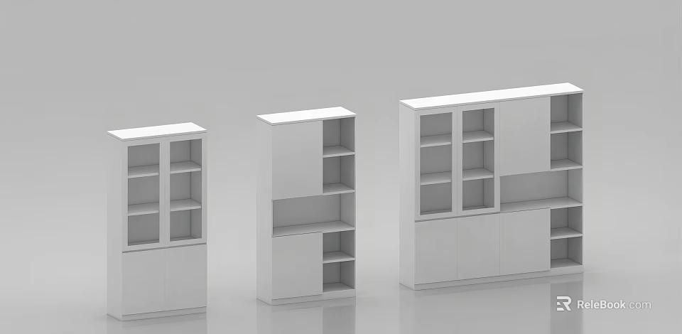 Modern White Bookcases With Glass Doors Open Shelves And Closed Storage Units 3d model 