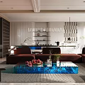 Modern Living Room Interior With Red Sofas Blue Glass Coffee Table Rug And Decorative Plants
