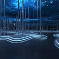 Immersive Art Installation Featuring Silver Columns Illuminated Curved Light Strips and Starry Sky Ceiling 3d model