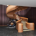 Warm Brown Spiral Staircase Modern Design With Wooden Paneled Wall Illuminated Steps And Art Sculpture