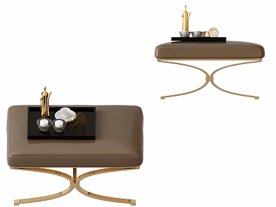 Brown Upholstered Footstool with Gold Metal Frame and Tea Set on Tray 3d model