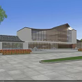 Modern Office Building With Curved Roof Glass Curtain Walls And Landscaped Front Plaza