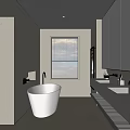 Modern Minimalist Bathroom Interior With Freestanding White Bathtub Double Vanity Window Blinds And Concrete Walls