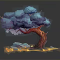 Colorful Tree With Red Trunk Blue Purple Foliage Curved Branch Small Stones Yellow Ground