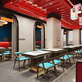 Modern Hotpot Restaurant Interior Design With Red Ceiling Chandeliers Blue Chairs And Dining Tables