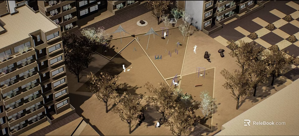 Community Outdoor Playground Area With High Rise Buildings Play Equipment Trees And Paved Ground 3d model 
