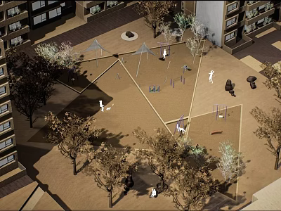 Community Outdoor Playground Area With High Rise Buildings Play Equipment Trees And Paved Ground 3d model