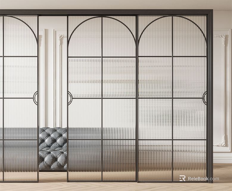 Elegant Modern Sliding Doors With Black Metal Frame Grid Glass And Gray Tufted Sofa 3d model 