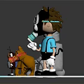 Cartoon Character With Headphones And Robot Standing With Small Figures On Blue Ring Base