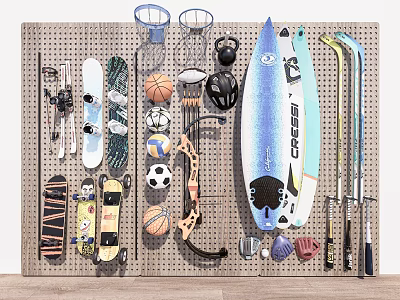 Assorted Sports Equipment Display With Skis Skateboards Basketballs Soccer Balls And Surfboard On Pegboard 3d model