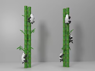 Two Cute Pandas Climbing Tall Green Bamboo Stalks With Leaves 3d model