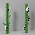 Two Cute Pandas Climbing Tall Green Bamboo Stalks With Leaves