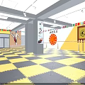 Taekwondo Training Studio With Yellow Black Checkerboard Floor Hanging National Flags Wall Posters And Lighting