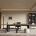 Modern Tea Room Interior With Long Wooden Table Black Bench Gray Carpet And Bookshelf