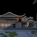 Ancient Chinese Architecture Featuring Traditional Tiled Roof Courtyard Layout and Surrounding Trees with Stone Pavement