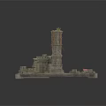 Modern Scene With Ancient Stone Tower Square Base Stone Blocks Moss Vines And Red Car
