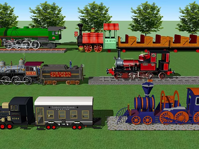 Model Steam Trains In Various Colors With Carriages On Green Grass And Trees 3d model